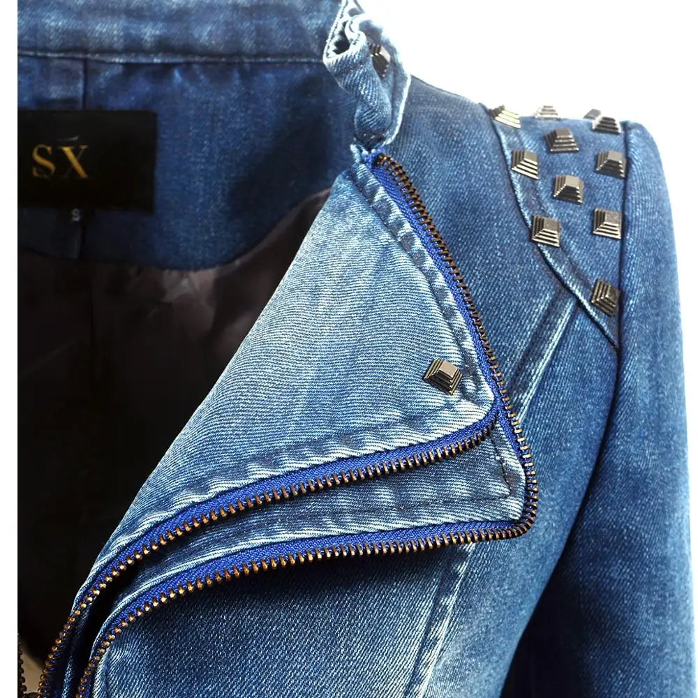 SX women 2019 spring autumn denim rivet punk Short Slim fit jacket motorcycle Windbreaker zipper outerwear