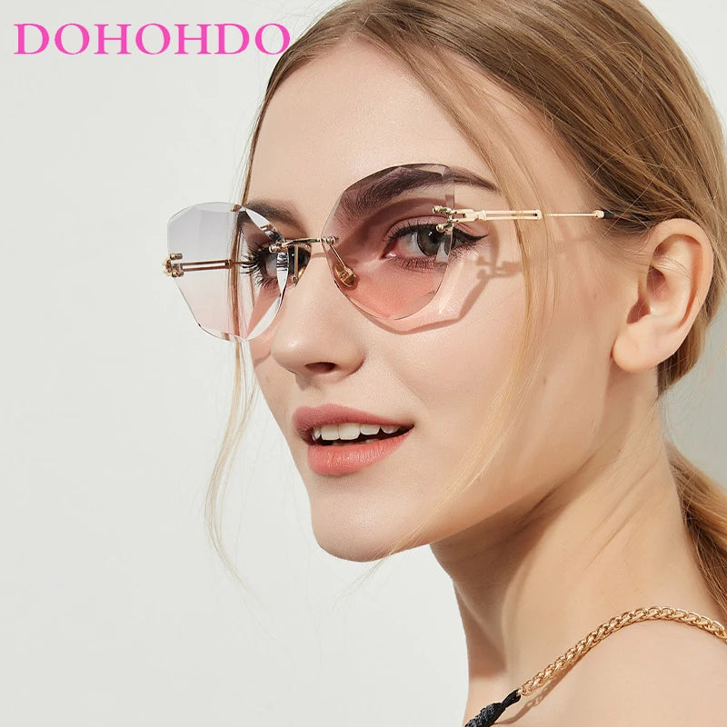 DOHOHDO Retro Metal Cat Eye Sunglasses Women 2024 Rimless Gradient Sun Glasses For Men Trendy Light Diamond Eyewear Shades UV400