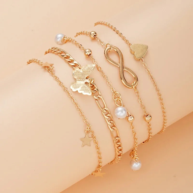 5Pcs Bohemian Pineapple Pearl Anklet for Women Fashion Simple Temperament Ladies Infinite Ankle Bracelets Jewelry Star Anklets