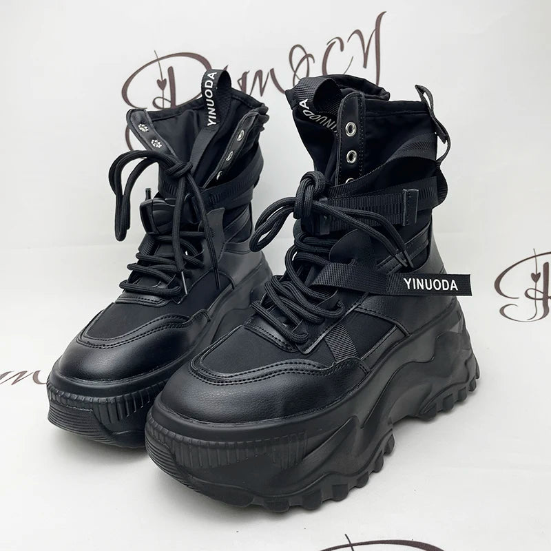 White Chunky Platform Motorcycle Boots Women Buckle Lace Up Thick Bottom Ankle Boots Woman 2023 Autumn Fashion Vulcanized Shoes