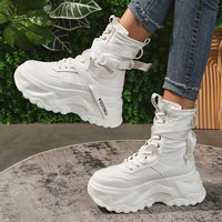 White Chunky Platform Motorcycle Boots Women Buckle Lace Up Thick Bottom Ankle Boots Woman 2023 Autumn Fashion Vulcanized Shoes
