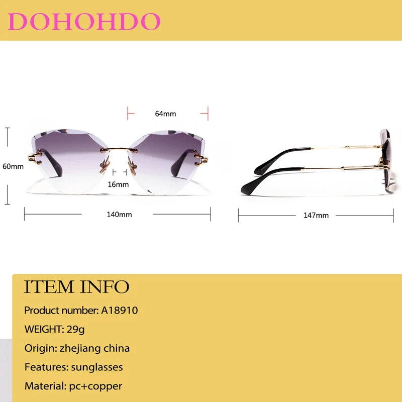 DOHOHDO Retro Metal Cat Eye Sunglasses Women 2024 Rimless Gradient Sun Glasses For Men Trendy Light Diamond Eyewear Shades UV400
