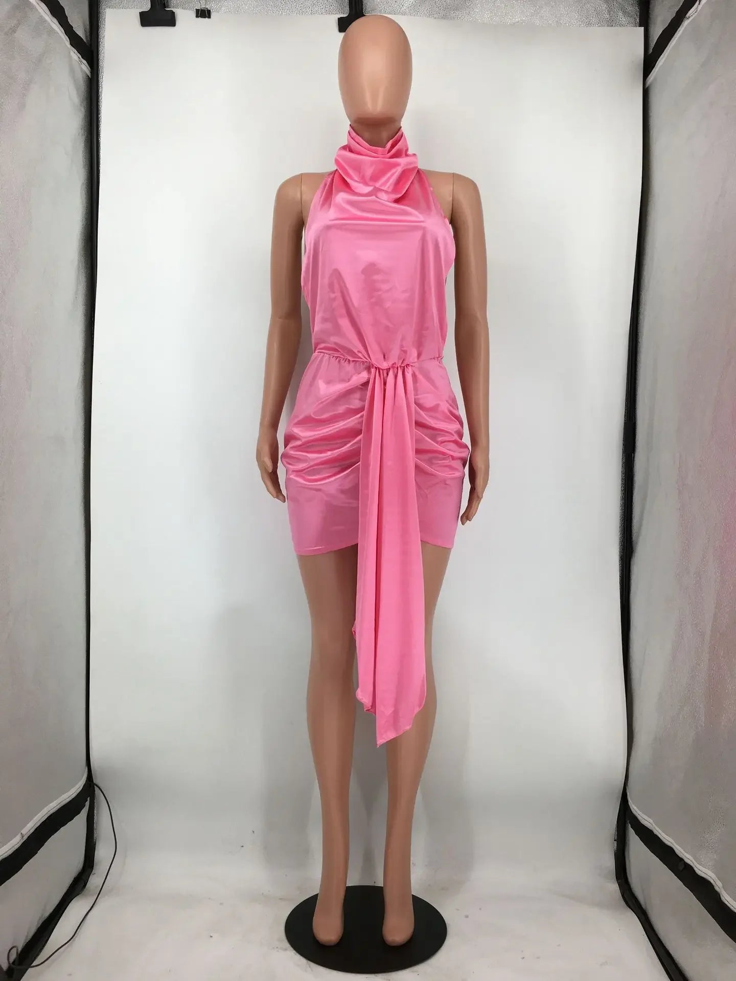 CM.YAYA Women Satin Dresses 2022 Summer Sexy Night Party Clubwear Halter Neck Backless Ruched Up Bodycon Midi Mini Dress