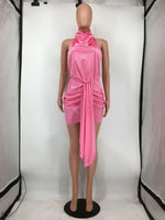 CM.YAYA Women Satin Dresses 2022 Summer Sexy Night Party Clubwear Halter Neck Backless Ruched Up Bodycon Midi Mini Dress