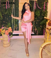 CM.YAYA Women Satin Dresses 2022 Summer Sexy Night Party Clubwear Halter Neck Backless Ruched Up Bodycon Midi Mini Dress