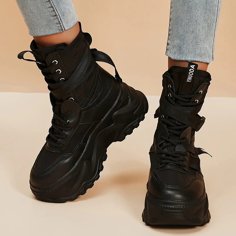 White Chunky Platform Motorcycle Boots Women Buckle Lace Up Thick Bottom Ankle Boots Woman 2023 Autumn Fashion Vulcanized Shoes