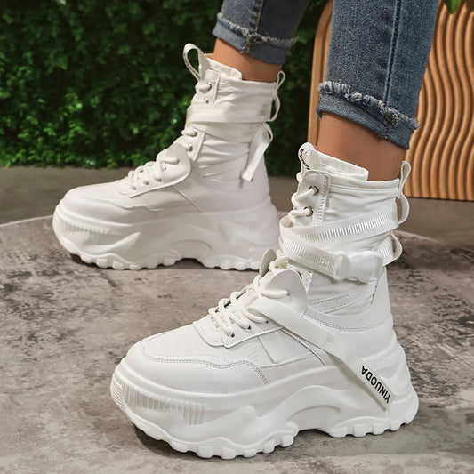 White Chunky Platform Motorcycle Boots Women Buckle Lace Up Thick Bottom Ankle Boots Woman 2023 Autumn Fashion Vulcanized Shoes