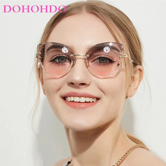 DOHOHDO Retro Metal Cat Eye Sunglasses Women 2024 Rimless Gradient Sun Glasses For Men Trendy Light Diamond Eyewear Shades UV400